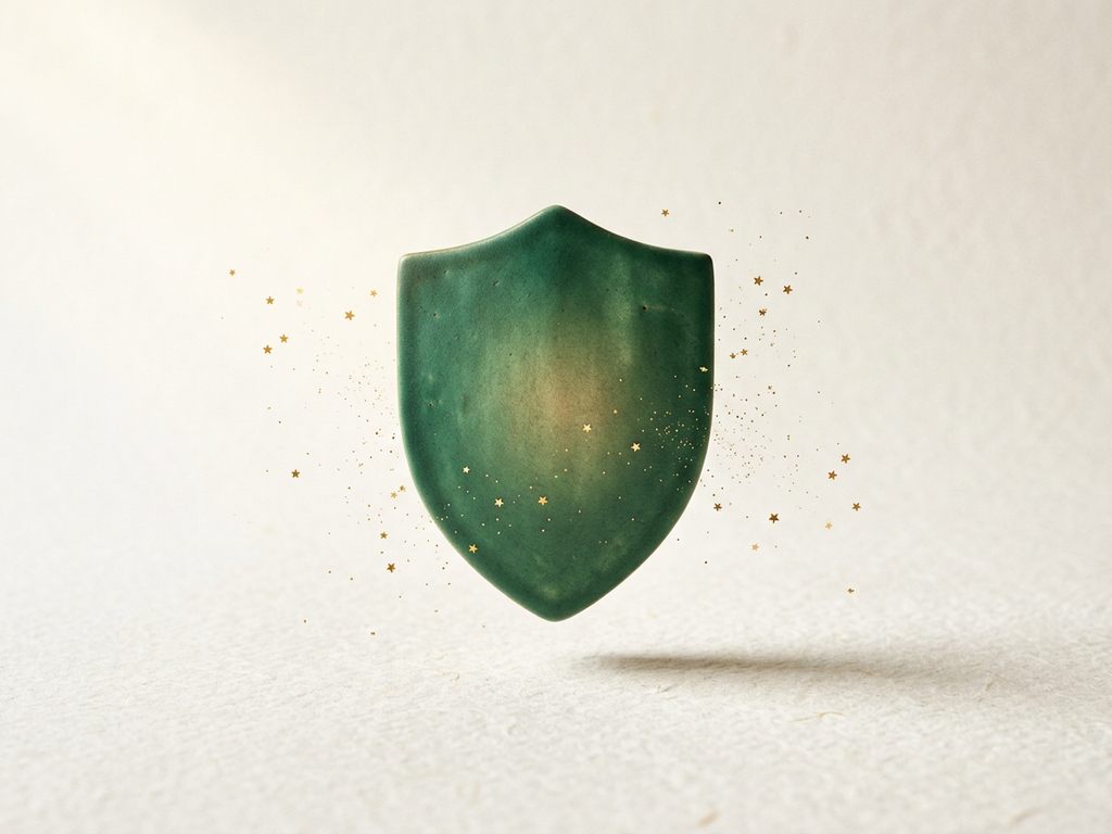 Soft emerald shield with floating gold star particles, symbolizing review delivery safety